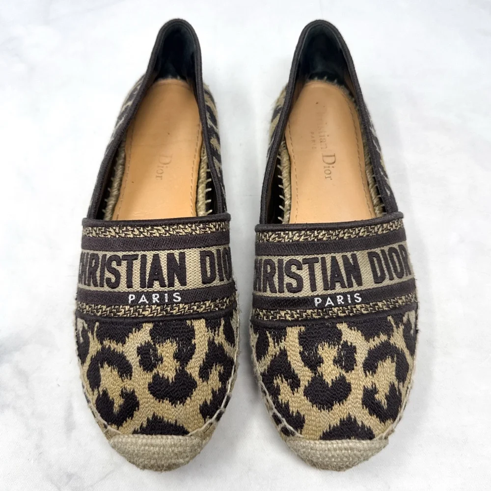 Christian Dior Granville Leopard Jacquard Logo Flat Espadrille Sandal Shoes 37.5